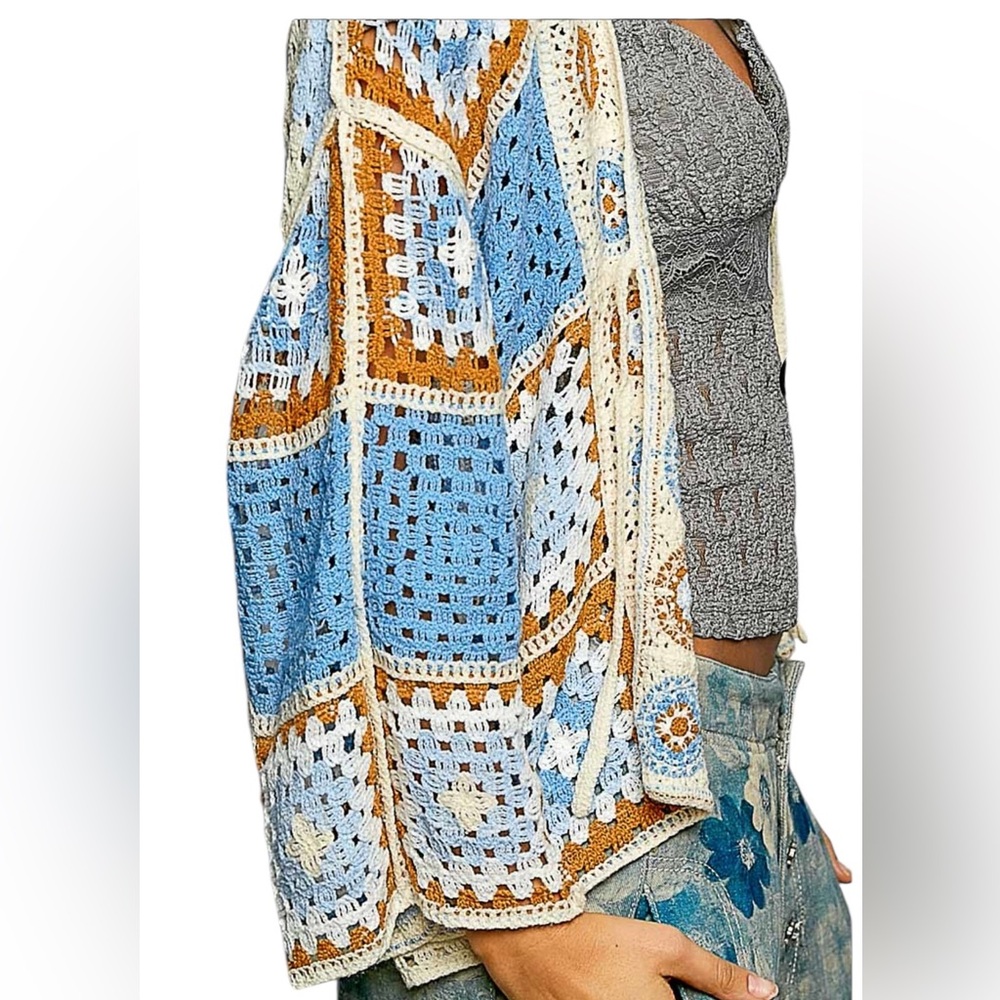 POL 🤩 Blue, Ivory, Brown Crochet Granny Square Open Knit Cardigan - Picture 3 of 8